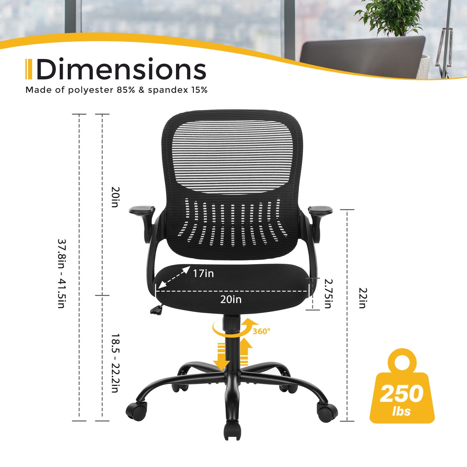 Ergonomic Office Chair, Mesh Computer Chair Home Office Desk Chairs with Flip-Up Arms, Height Adjustable, Rolling Swivel Chair with Lumbar Support , Tilt and Lock, Black