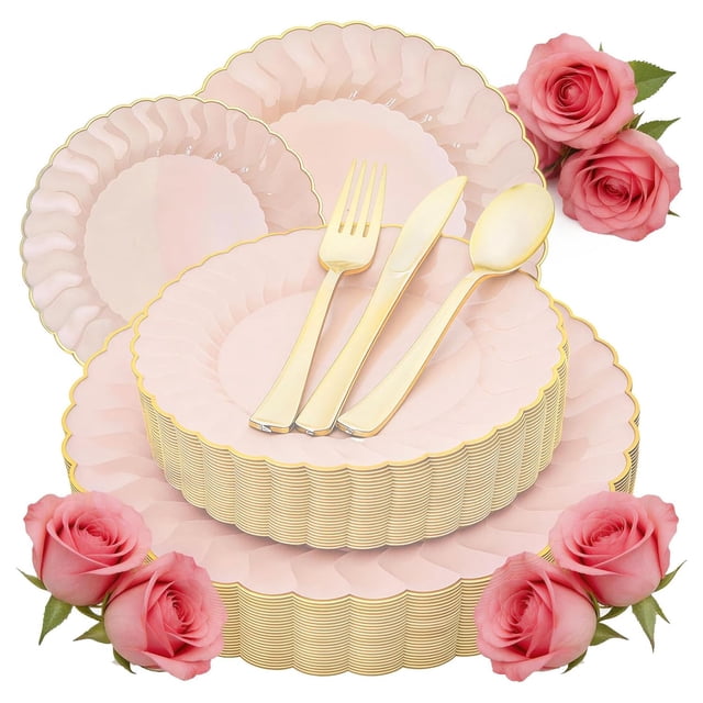 125 platos de plástico rosa con borde dorado, juego de platos de plástico festoneado incluye 25 cenas, 25 platos de postre, 75 cubiertos dorados para 25 geusts para bodas y fiestas de cumpleaños
