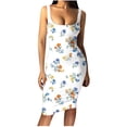 thumbnail image 2 of safuny Women's Midi Bodycon Dress Floral Print Clothing Beach Scoop Neck Dress Elegant Casual Comfy Retro Boho Sleeveless Summer Holiday Orange M, 2 of 4