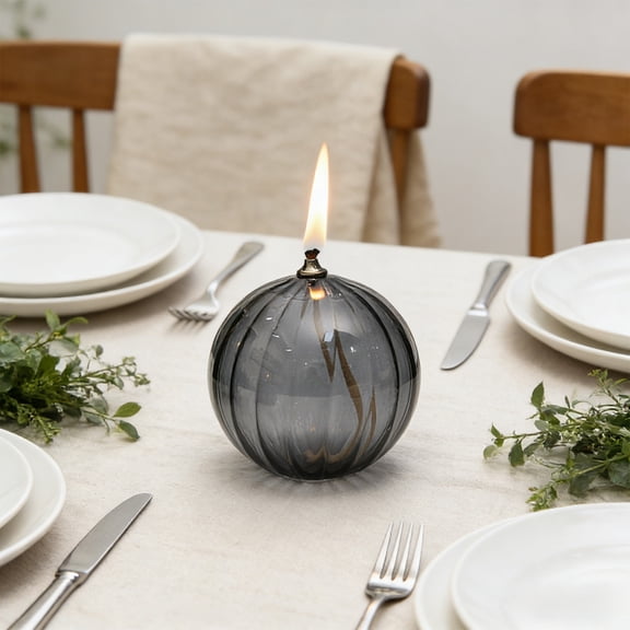 Striped Round Glass Oil Lamp Candlestick, Modern Minimalists Smokeless Oil Lamp for Home Tabletop Decoration