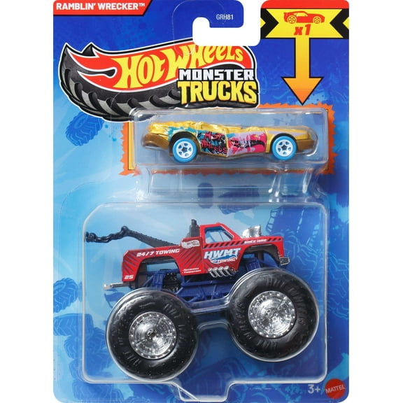 Hot Wheels Monster Truck & Car, 1:64 Scale Die-Cast Truck & Car (2 Vehicles) (Styles May Vary)