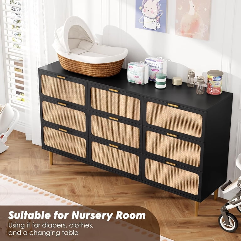 black dresser with natural wood top Rattan 9 Drawer Tall Dresser, Deep Drawer Wooden Chest Extra Wide Top, Large Storage Cabinet for Bedroom Closet Hallway Kids It's My Birthday Sequin White Cotton Dress term storage. Color:Image color 6