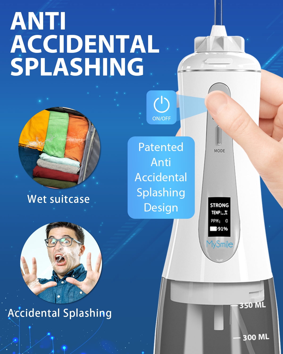 (5 pack) MySmile LP201 OLED Cordless Water Flosser for Teeth Braces, Gums, Dental Electric Power Flosser, Portable Oral Irrigator, 5 Modes, 8 Jet Tips,350ml , White