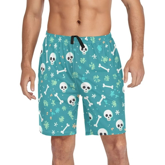 Men's Pajama Shorts Bottoms with Pockets Soft Lightweight Lounge Sleep Wear Cute Skull Bone Flower