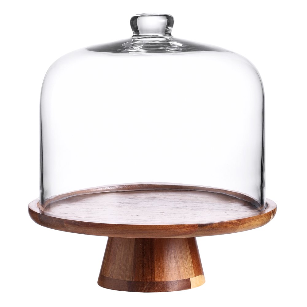 Flat Round Wood Server Cake Stand with Glass Dome Flat Round Wood Server Cake Stand with Glass Dome
