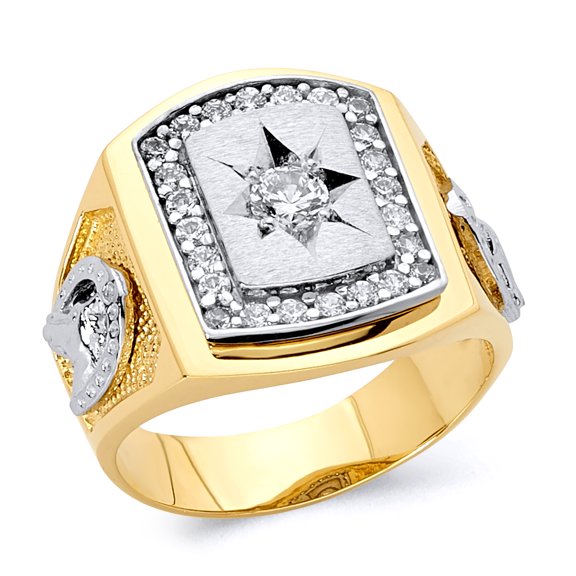 Wellingsale Mens Solid 14k Two 2 Tone White and Yellow Gold Polished CZ Cubic Zirconia Right Hand Ring Band - Size 8