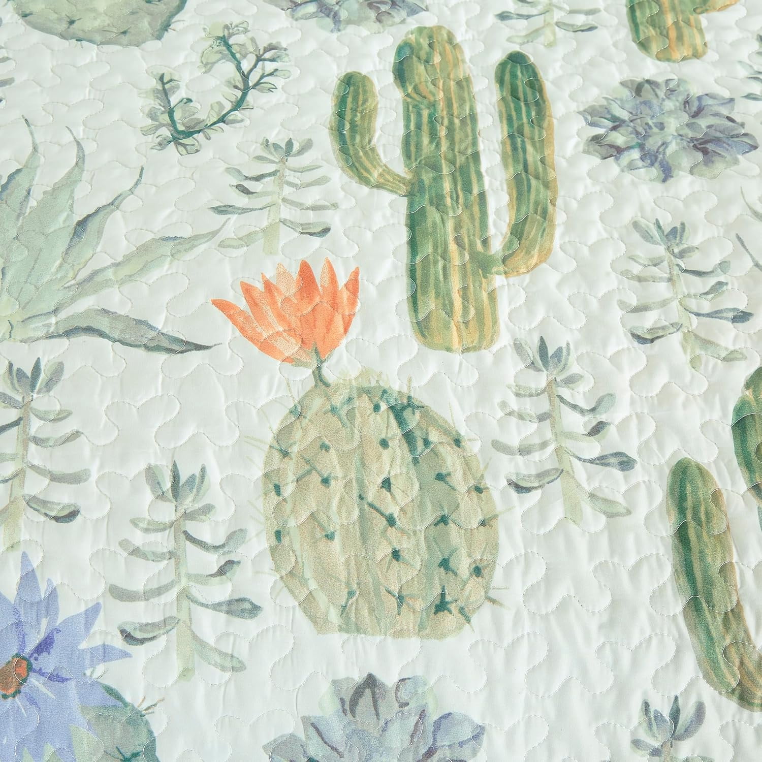 Chezmoi Collection Gregory 3-Piece Southwestern Serene Desert Quilt Set, Green Blue Cactus Succulent Plant Printed Microfiber Lightweight Quilted Bedspread Set, King (118" x 95")