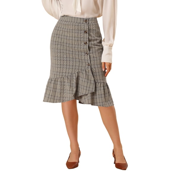 INSPIRE CHIC Women's Plaid Button Closure Elastic Waist Back Ruffle Fishtail Skirt L Khaki