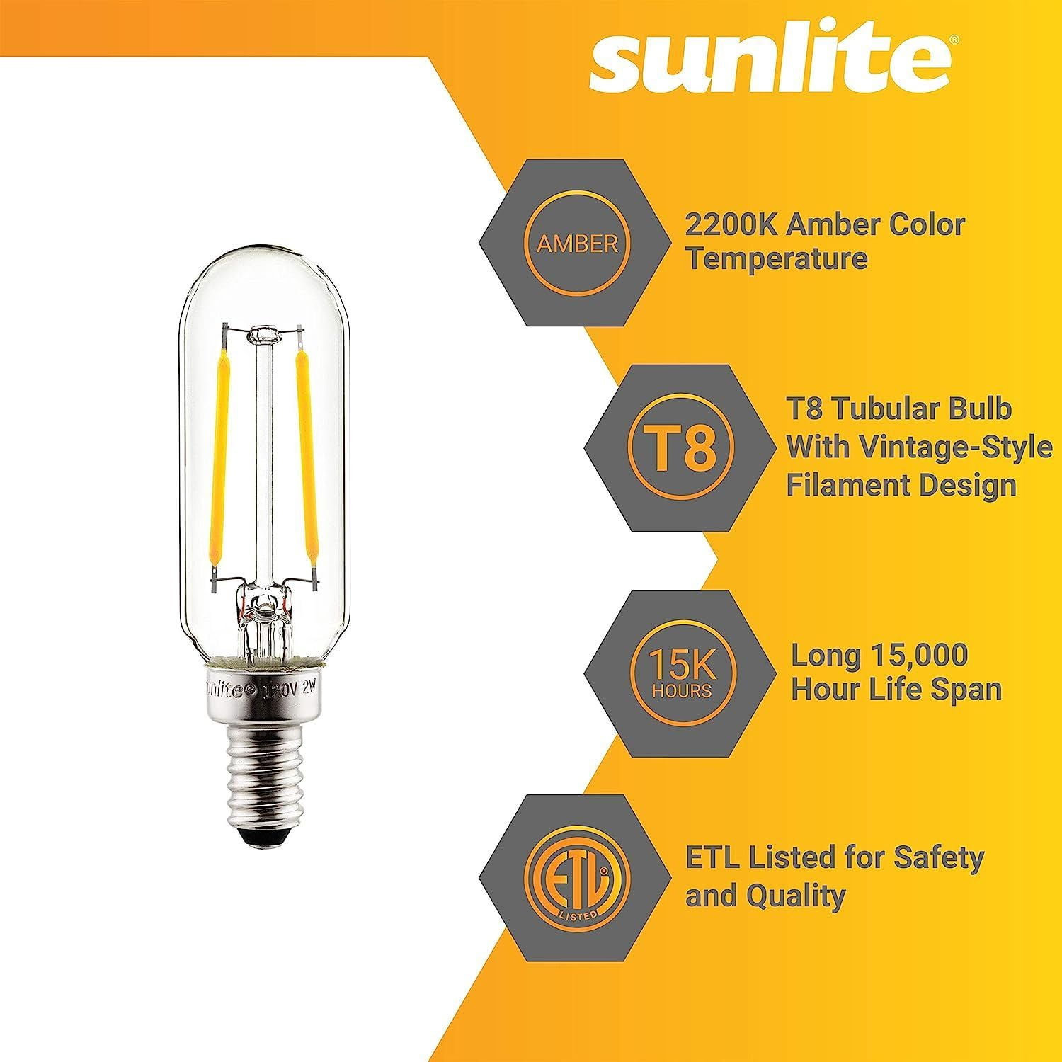 Sunlite LED Filament T8 Tubular Light Bulb, 2 Watts (25W Equivalent), Candelabra E12 Base, Dimmable, Clear, UL Listed, 2200K Amber, 6-Pack
