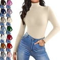 thumbnail image 2 of Mock Turtle Necks Tops for Women Long Sleeve Ribbed Shirts Thermal Slim Fit Lightweight Undershirts，Beige M, 2 of 6