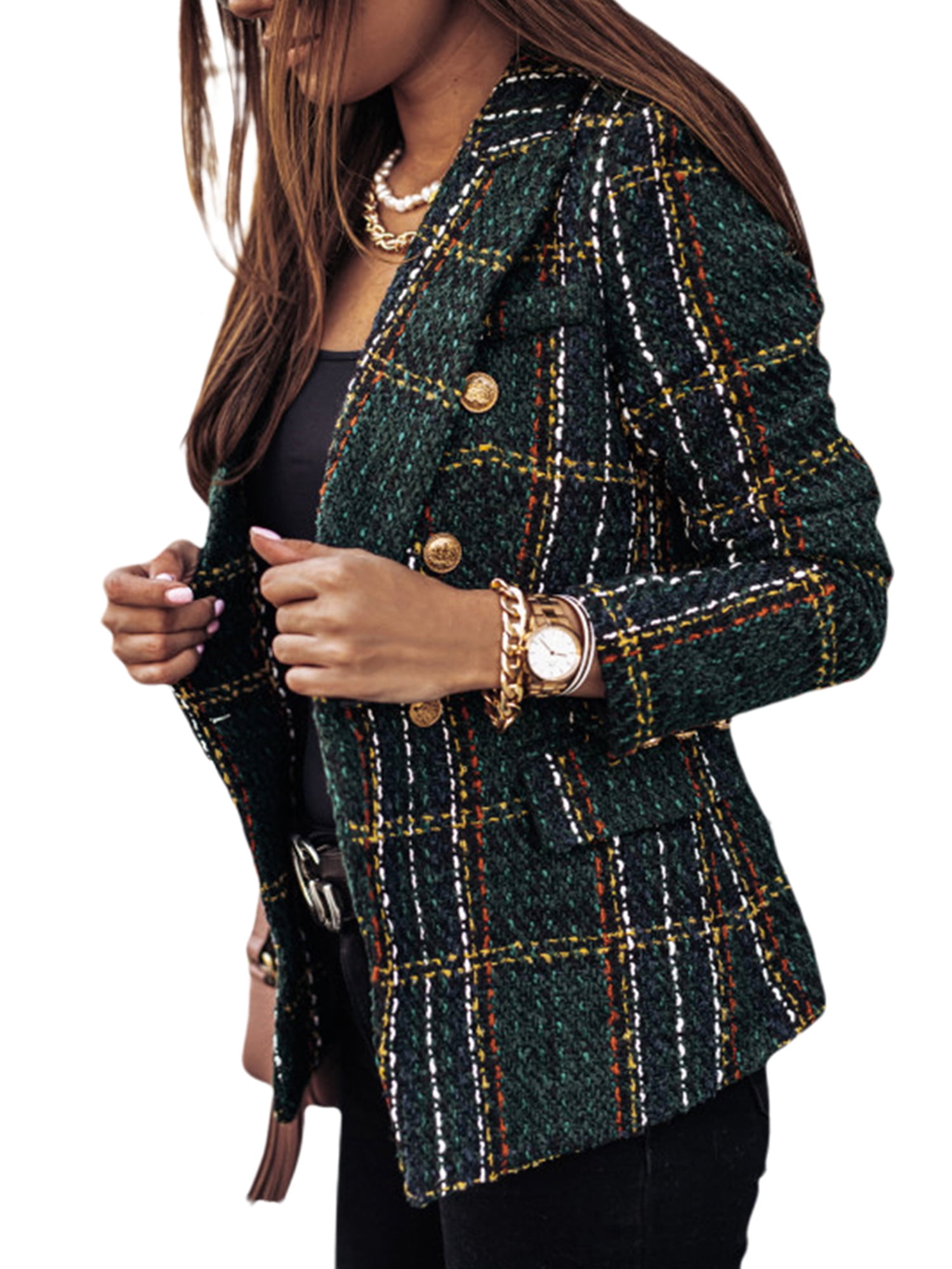 Long Sleeve Checkered Tailored Tartan Blazer Suits Woolen Buttoned Outfits Overcoat for Work Office Formal BURFLY Womens Retro Plaid Jacket Coat Winter Warm Clothes