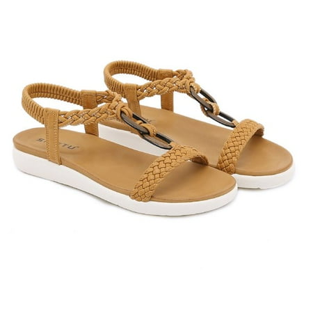 

DAFENGEA Summer Boho Beaded Casual Flats Sandals for Women Casual Beach Braided Strap Comfortable Dressy Shoes