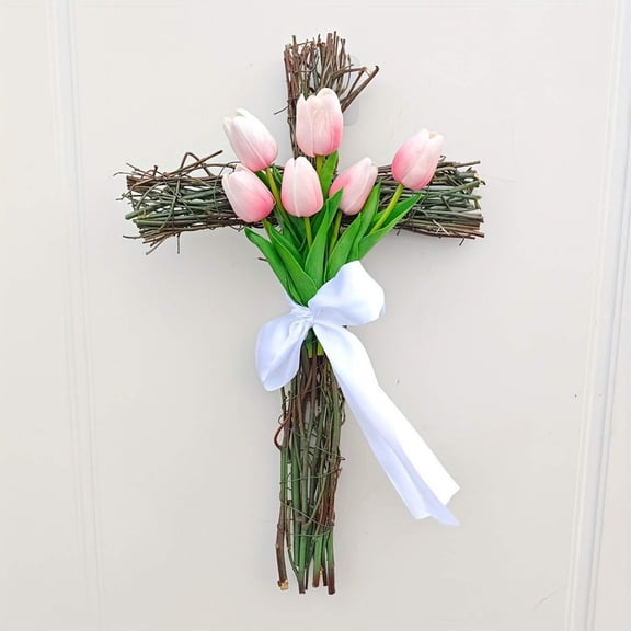 Easter Decoration Cross Wreath, Artificial Simulated Twig & Tulips Wreath with Satin Bow, Rusitc Home Indoor Outdoor Holiday Decor for Front Door, Wall, Mantel