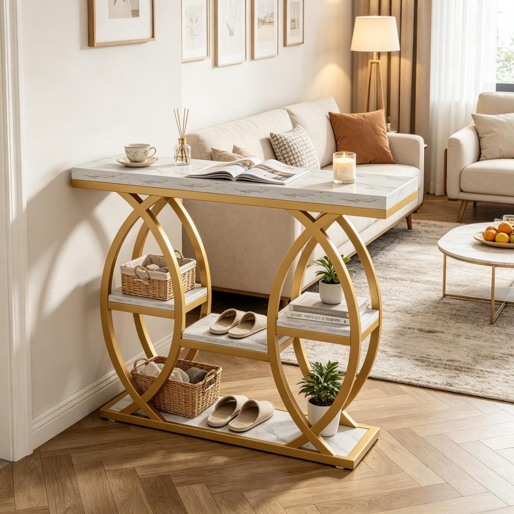 Long Console Table, 4-Tier Narrow Entryway Table with Storage, Industrial Metal Frame, Particle Board Top