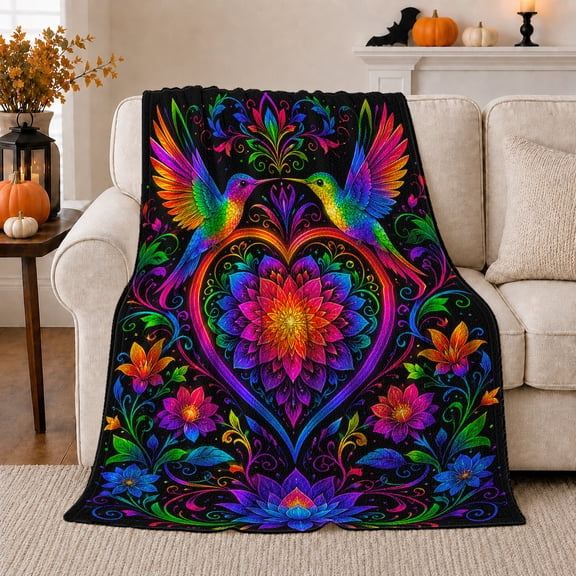 Neon Hummingbirds around a Lotus Flower, Magical Botanical Style for Bird Lovers, Rainbow Garden Mandala and Birthday Gift, Cozy Flannel Blanket for Bedroom and Reading Nook, Home Decor