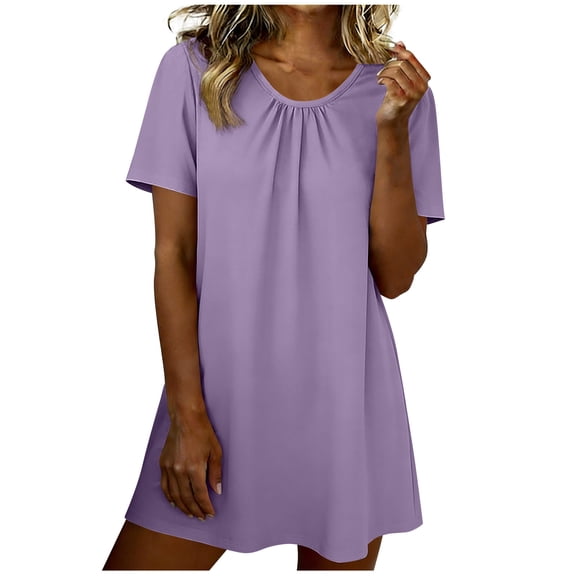 Yuaqua Nightgowns for Women Short Sleeve Scoop Neck Pleated Mini Sleep Dress Casual Tunic T-Shirt Dresses Soft Comfy Sleepshirts