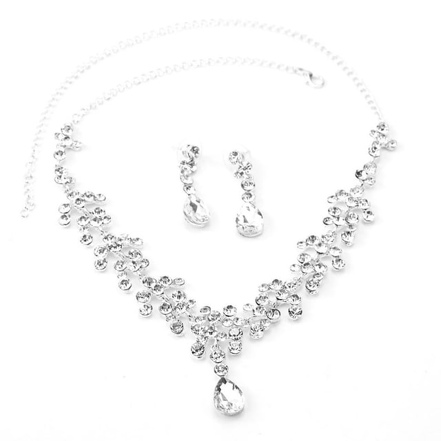 MasteelfCA Rhinestone Decorated Wedding Bridal Necklace Earrings Set (Sliver)