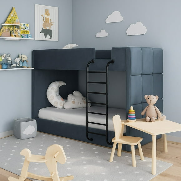 Litera Individual Hawkins Tapizada en Terciopelo Velvet Gris con Estructura Metálica y Escalera Frontal – Bossa