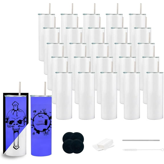 25 Pack Luminous Blue Glow in The Dark Sublimation Tumblers 20 Oz Skinny Blanks Tumbler Bulk Glow in The Dark，with Lid and Straw, Individually Box,Heat Transfer