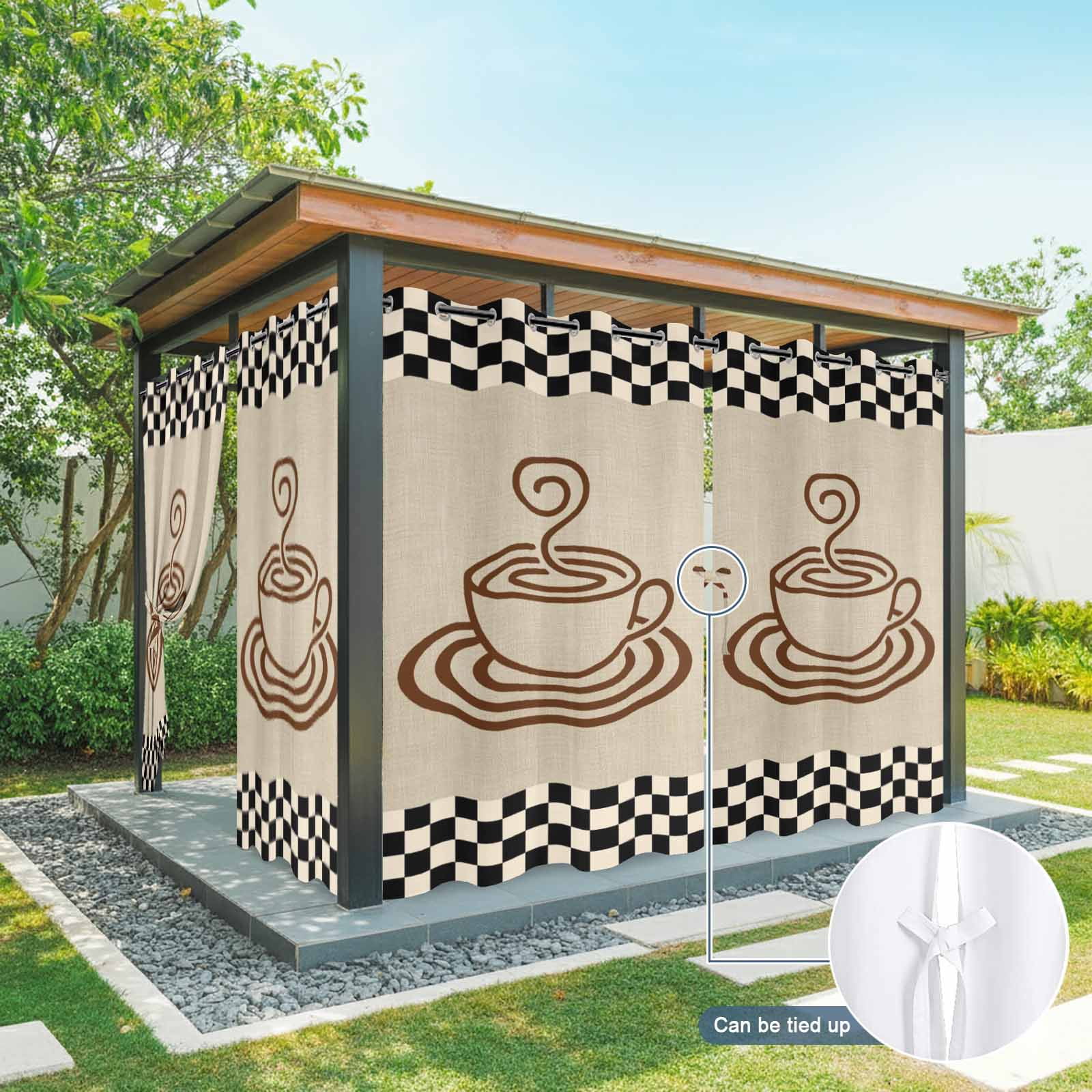 Coffee Cup Outdoor Curtains for Patio, Retro Country Brown Lines Cup Linen Black Plaid Sunshade Privacy Drapes Grommet Waterproof Outside Curtains for Porch/Cabana/Balcony 54"x 108", 1 Panel