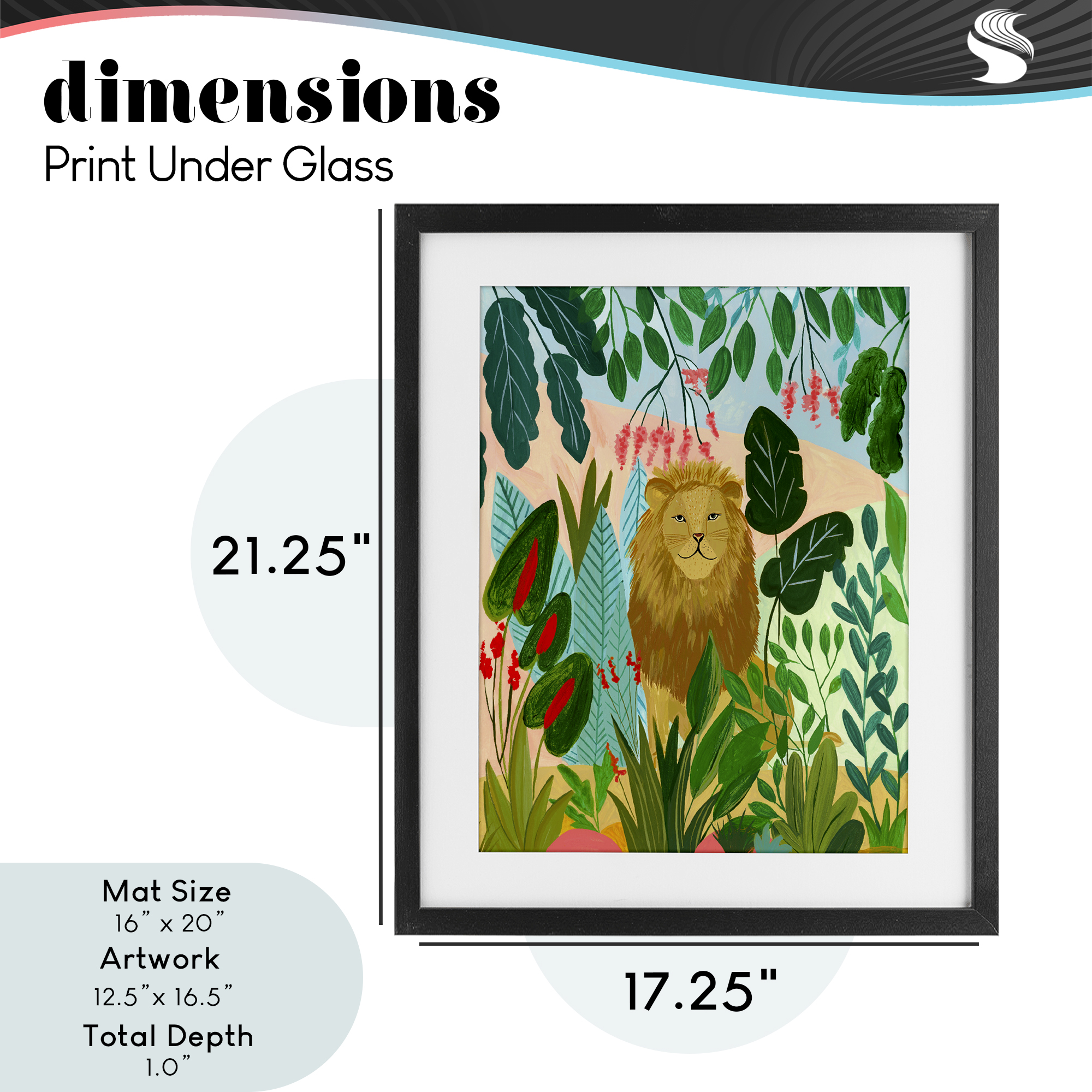 Stoic Lion Tropical Forest Black Framed Print Under Glass, design by Nabeela Rumi