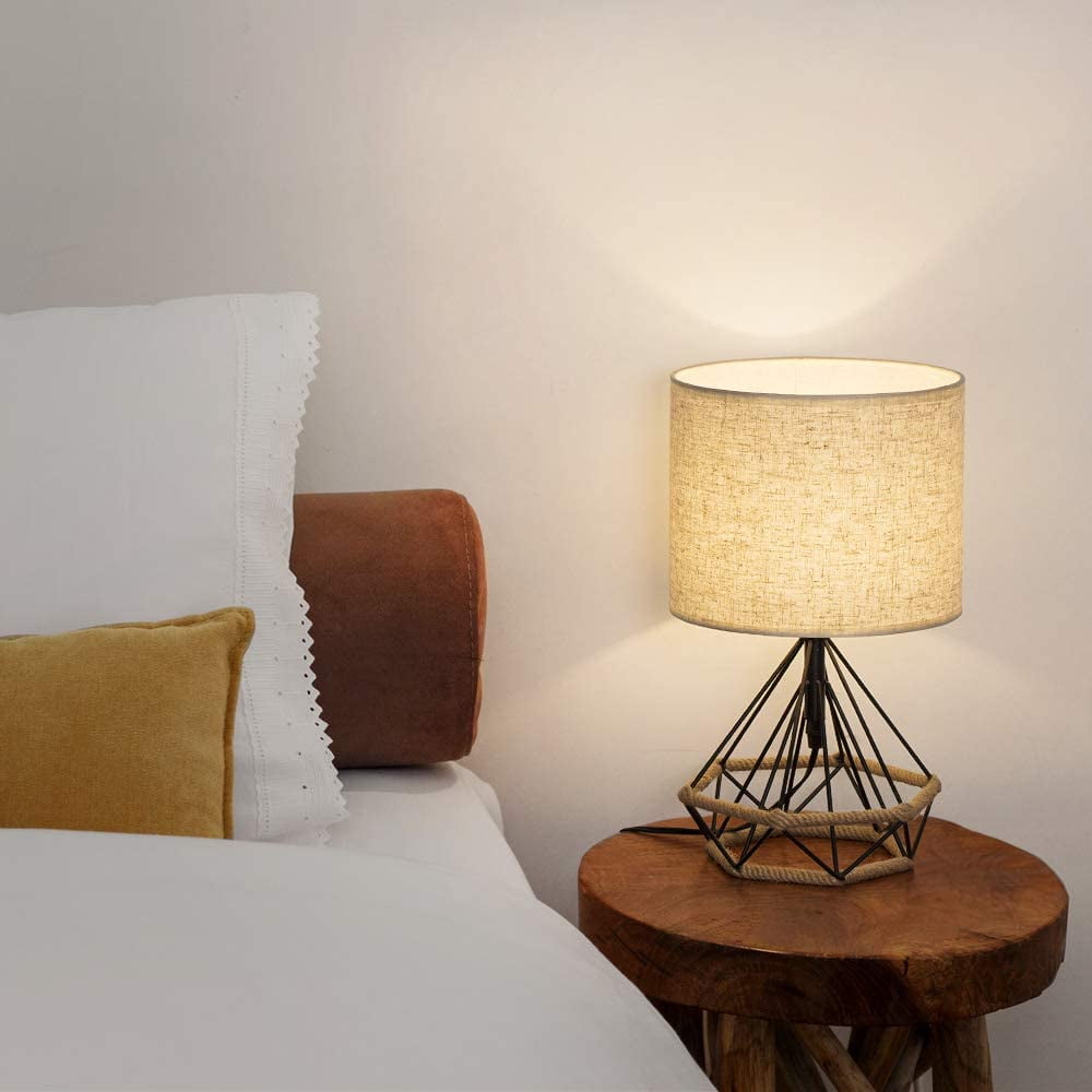 Haitral Bedside Lamp Small Black Table Lamp, Modern Hollowed Out Base Lamp with Linen Fabric Shade