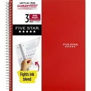 Five Star 3 Subject Wide Ruled Notebook Plus Study App, 8" x 10.5", Fire Red, Poly, Spiral, 150 Sheets