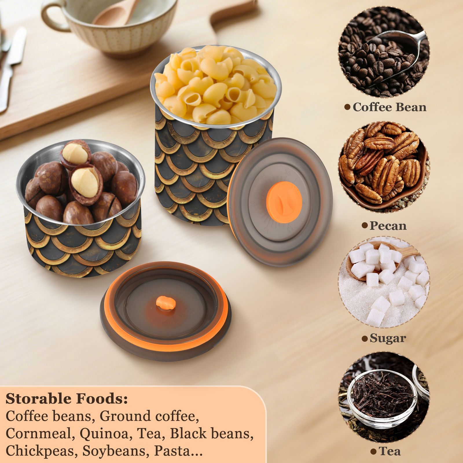 Retro Golden Snake Skin Print Airtight Coffee Bean Canister 30oz Food Storage Containers with Lids For Gournd, Tea, Sugar, Flour, Rice, Cereal, Candy Cookie Jar