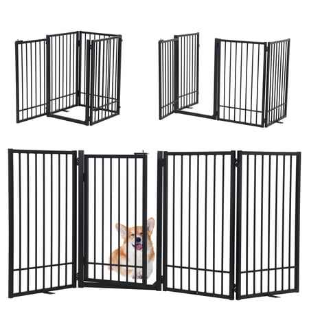 SMONTER Free Standing Dog Gate with Door Walk Through, 80.5'' Extra Wide Indoor Dog Fence, 31.5'' Height 4 Panels Foldable Metal Pet Puppy Gate for Stairs, Hallways, Doorway