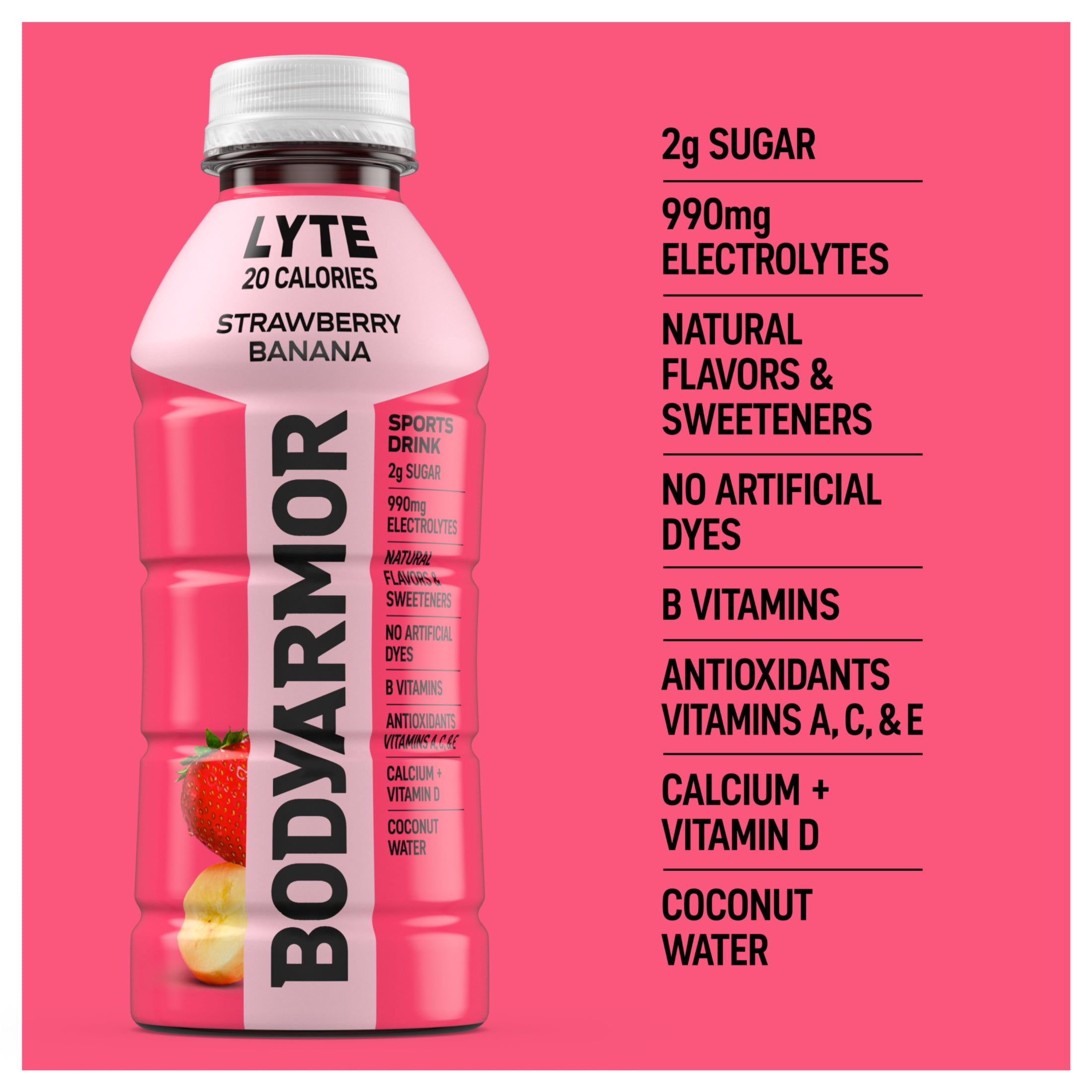 BODYARMOR Lyte Strawberry Banana Electrolyte Sports Drink, 16 fl oz, 12 Pack Bottles