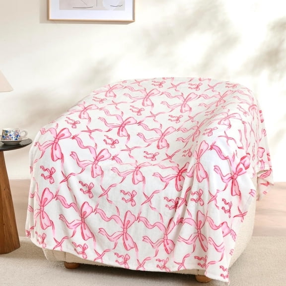 Soft Cozy Throw Blanket, Pink Bow Pattern Decorative Flannel Blanket For Bed Sofa Couch
