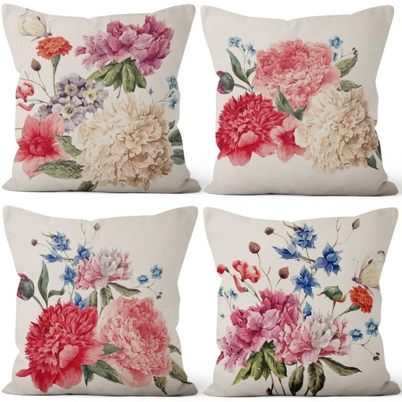 Red Floral Linen Throw Pillow Covers,Set of 4 18x18 Inch,Farmhouse Cushion Cases for Home Decor Sofa Couch Living Room Car