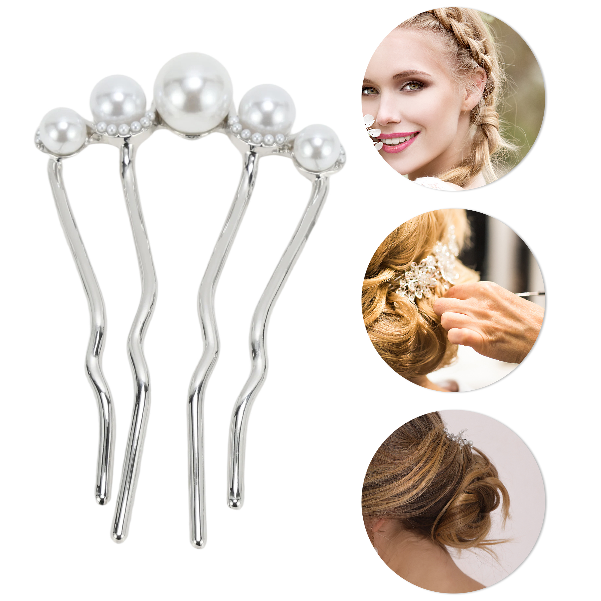 Unique Bargains Fashion U-shaped Faux Pearls Decorative Hairpin for Women 1 Pc Silver Tone