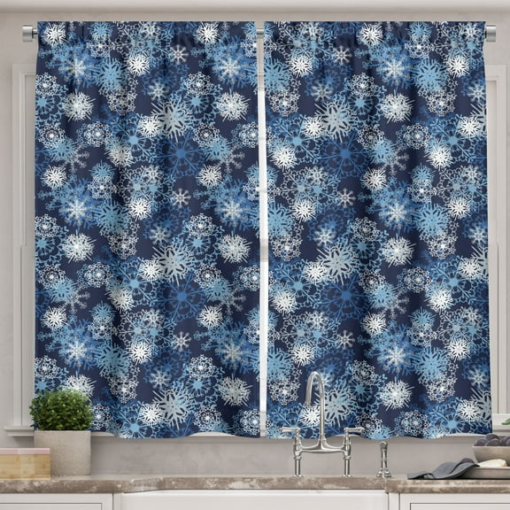 Ambesonne Winter Kitchen Curtains, Ornate Snowflakes Xmas, 55"x39", Pale Blue Dark Blue
