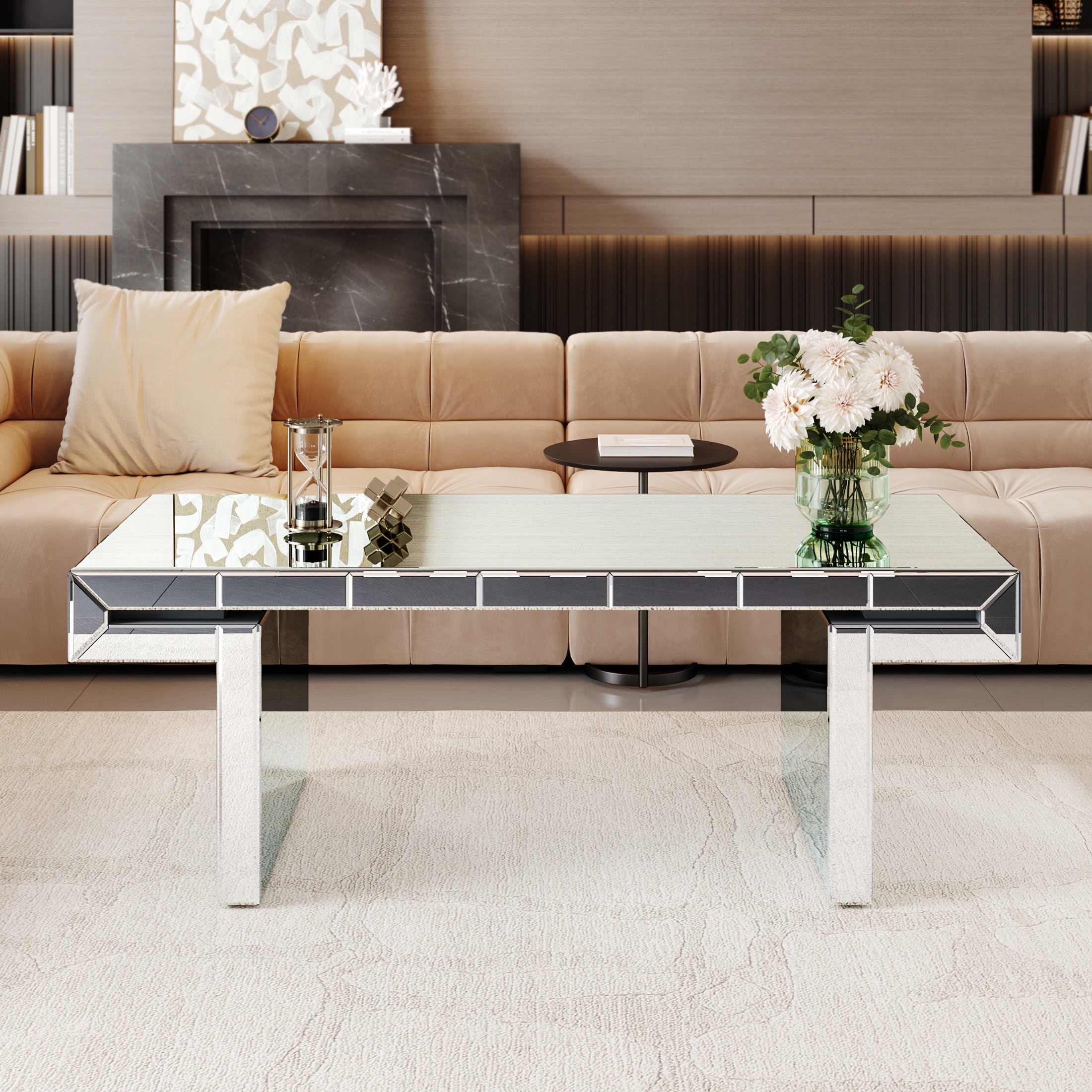 Noble House Luxury Rectangular Mirror Coffee Table with Fluted Tempered Glass, Modern Sofa Side Table, Light Luxury Style, Reinforced Packaging, Silver