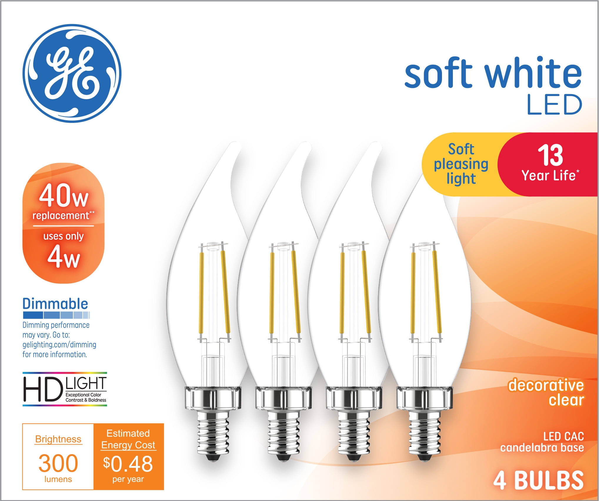 GE Soft White LED Decorative Light Bulbs, 40 Watt Eqv, Small Base, 13 year, 4pk