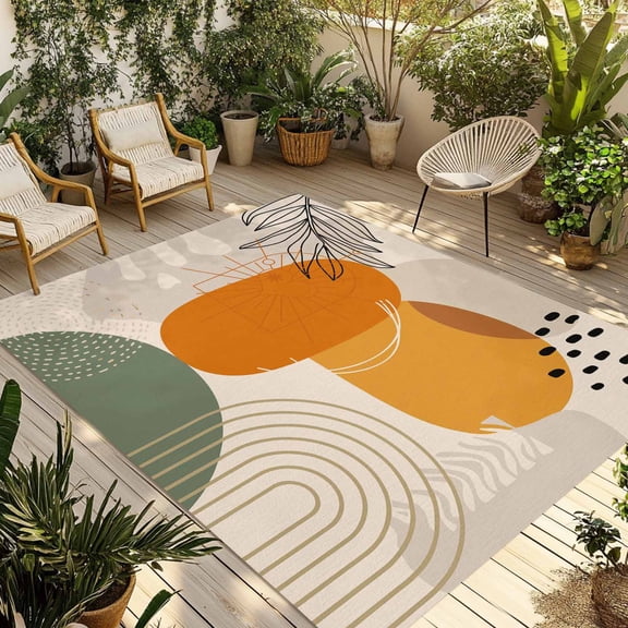 Boho Geometric Outdoor Rug 5x7 Ft - Reversible Patio Rug Outdoor Camping Rugs, Middle Century Abstract Leaves Stripes Washable Indoor Outdoor Area Rugs, Non-Slip Outdoor Carpet Runner for Deck/Porch