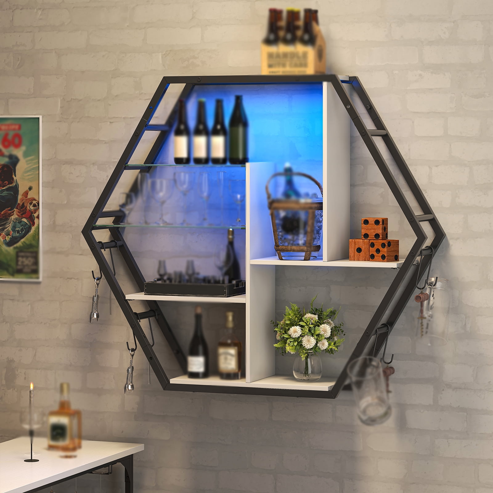 ModFurne LED Wall Shelves - Lighted Display Shelves With Extra Hooks For Gaming Rooms & Bars. Modern Brown Floating Shelves With Built-In LED Lighting