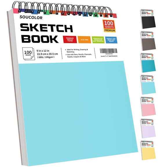 Cuaderno de bocetos Soucolor, 9 x 12, 100 hojas, encuadernado en espiral