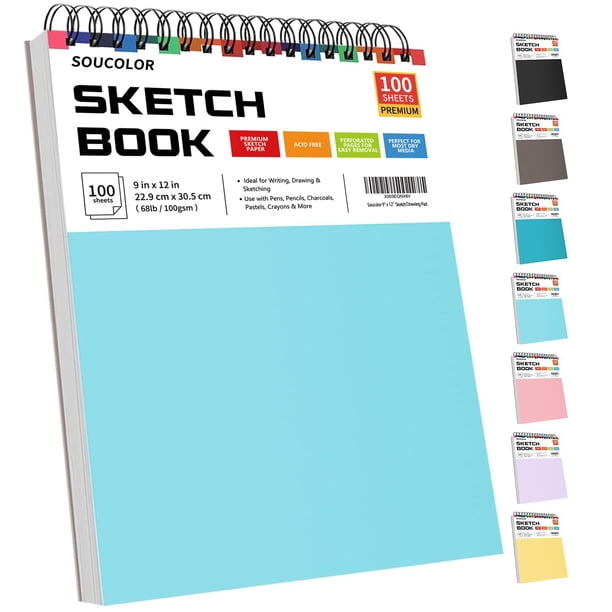 Cuaderno de bocetos Soucolor, 9 x 12, 100 hojas, encuadernado en espiral