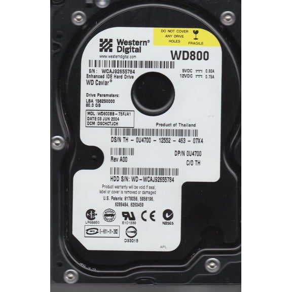 WD800BB-75FJA1, DCM DSCHCTJCH, Western Digital 80GB IDE 3.5 Hard Drive