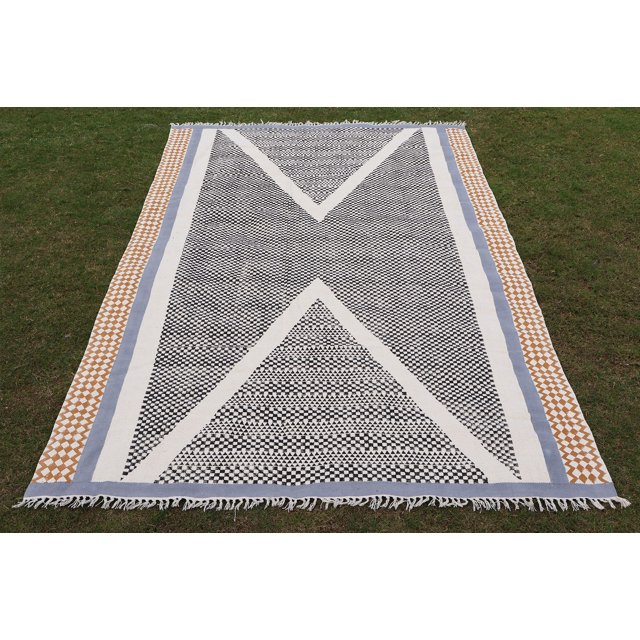 Casavani - 3'x5' Area Rugs for Kitchen and Study Room Handblock Printed Beige Cotton Dhurrie