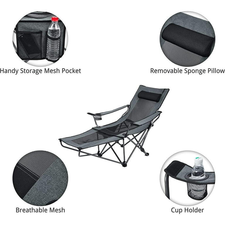 Suntime Adjustable Reclining Lounge Mesh Chair, Portable Folding Camping  Chair with Removable Footrest, Sponge Pillow, Cup Holder, Side Pocket,  Carry Bag - Gray 