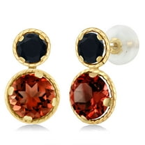 Gem Stone King 14K Yellow Gold Red Garnet and Black Onyx Earrings for Women (2.44 Cttw, Gemstone January Birthstone, Round Cut 6MM and 4MM)