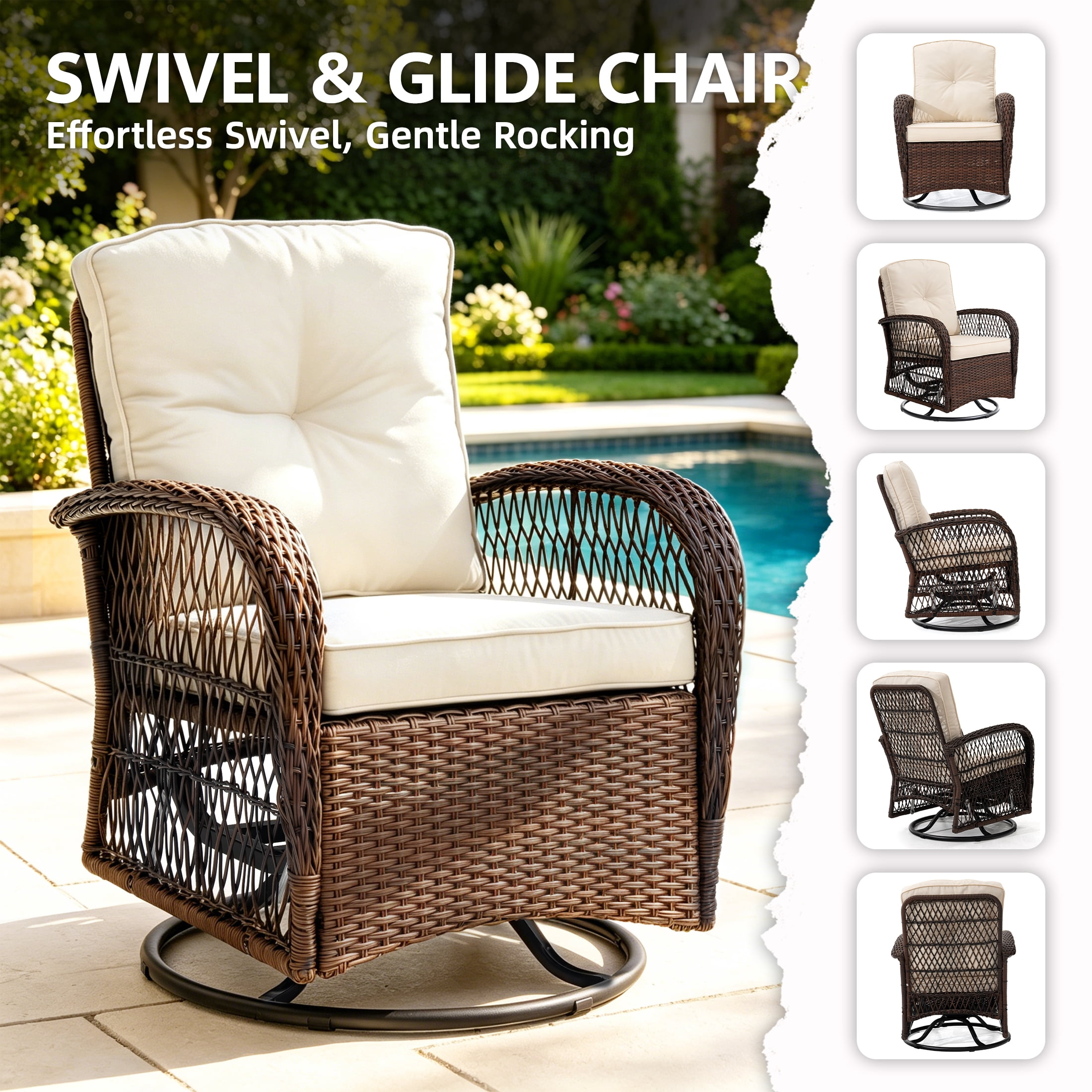 Rattan Outdoor Furniture, 3 Pieces Patio Furniture Set, Wicker Outdoor Swivel Glider Rocker w/Table, Balcony Porch Outdoor Rocking Bistro Set for 2, Beige Cushions