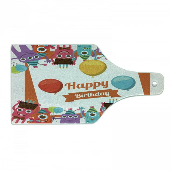 Birthday Cutting Board, Funny Happy Monsters Holding Chocolate Cakes Party Horns Celebration Design, Decorative Tempered Glass Cutting and Serving Board, Wine Bottle Shape, Multicolor, by Ambesonne