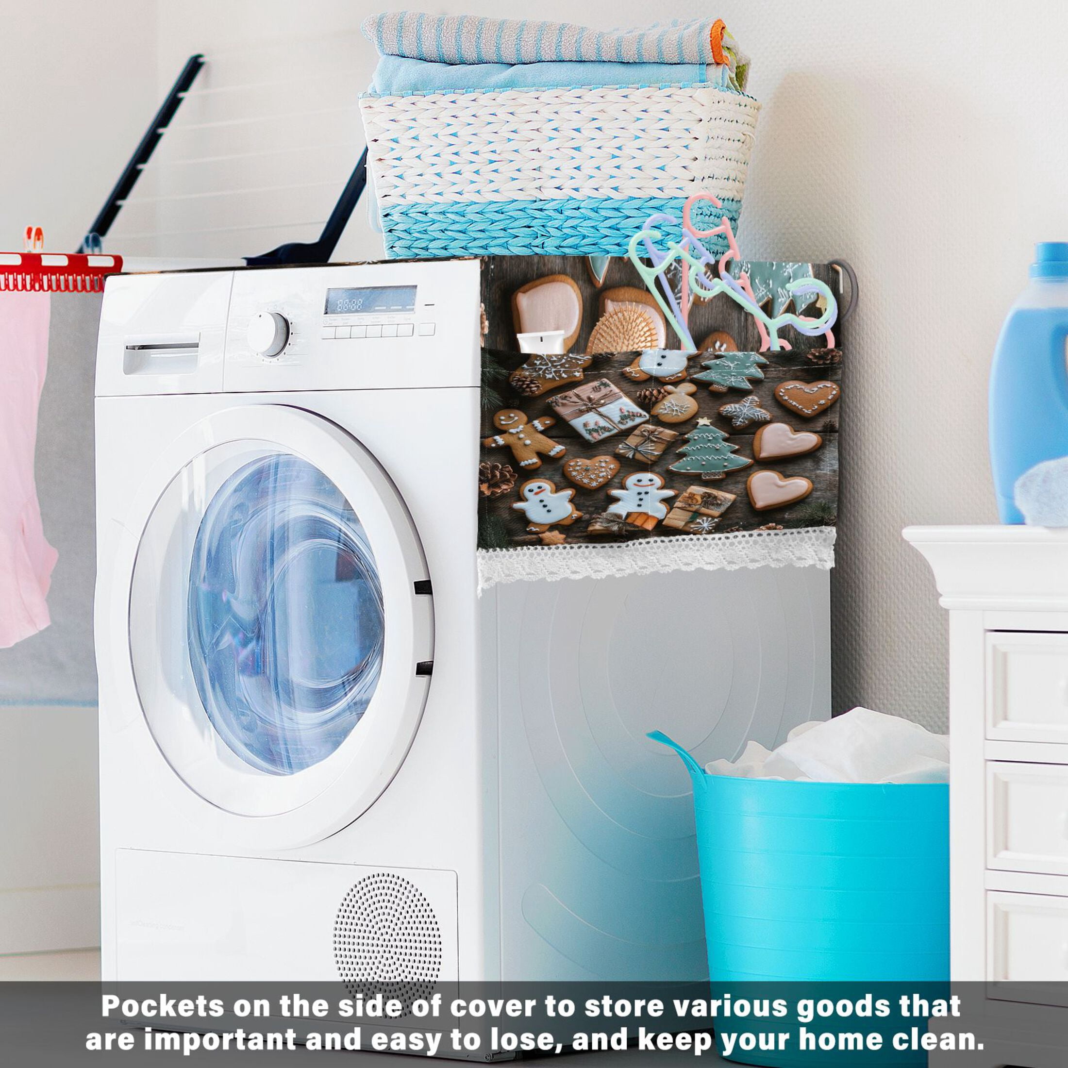 Christmas CookiesWasher and Dryer Covers Dust-Proof and Oil Resistant Fridge Cover with 4 Storage Pockets Washing Machine Top Cover for Laundry Kitchen Home 51.2 x 22 In