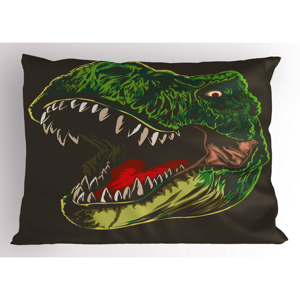 Dinosaur Pillow Sham Aggressive Wild TRex Head Colorful Hand Drawn