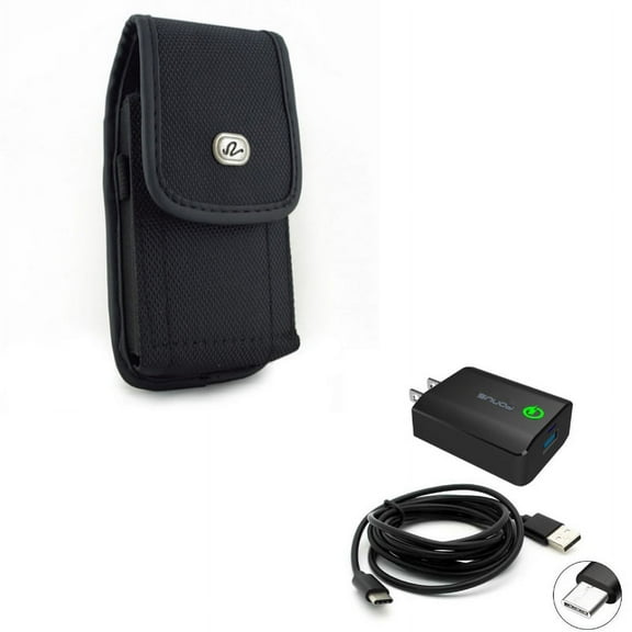 Black Vertical Rugged Canvas Case w 18W Adaptive Fast Home Charger 6ft Type-C USB Cable N7R for Motorola Moto Z Droid X4 - Nokia 8 - Samsung Galaxy S9, S8, active - Sony Xperia L1