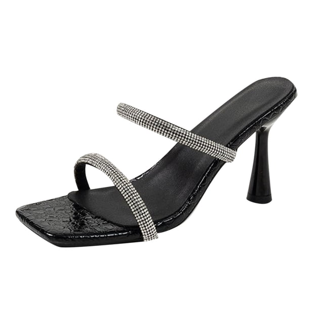 High Heel Sandals for Women, One-Strap Mule Style with Rhinestone Accents, Synthetic Leather Upper, Square Toe, 3.5 in Heel Height, Black